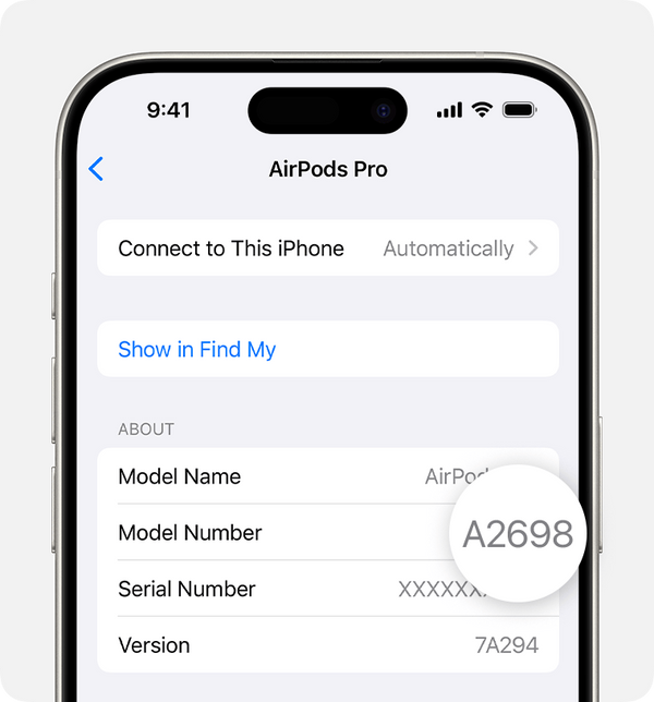 iPhone About screen showing AirPods Pro model number